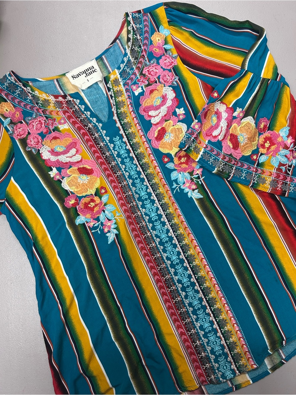 Savanna Jane Teal Multicolor Striped Embroidered Bell Sleeve Top Shirt Small